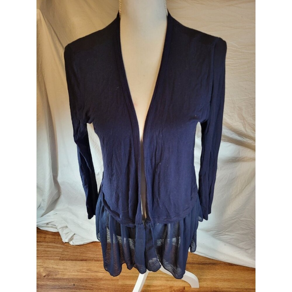 Kim & Cami Navy Blue Open Front Sheer Trim Cardigan Size M‎